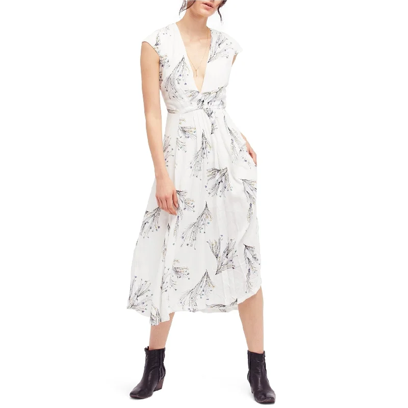 Goddess Style Free People Womens Printed Retro Faux-Wrap Midi Dress, Off-White, 4