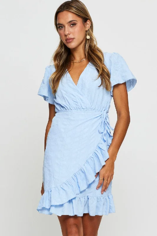 Cozy Fit Wear Blue Wrap Dress Short Sleeve V Neck