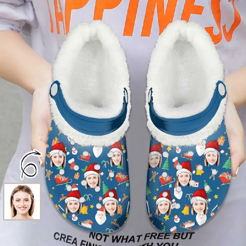 Sports Style Custom Face Christmas Hat Blue Fuzzy Lined Clog Adult Hole Shoes Keep Your Feet Warm Sports Style Custom Face Christmas Hat Blue Fuzzy Lined Clog Adult Hole Shoes Keep Your Feet Warm