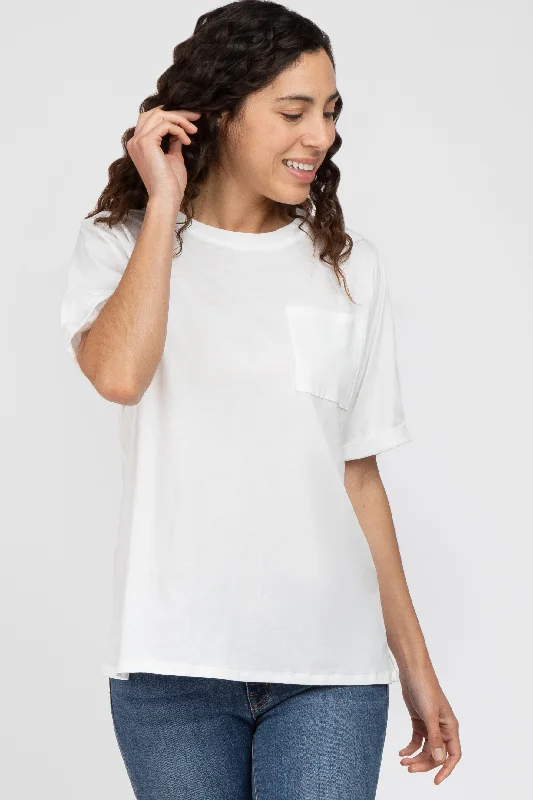 Sports Fitness Style White Oversized Pocket Front Short Sleeve Top
