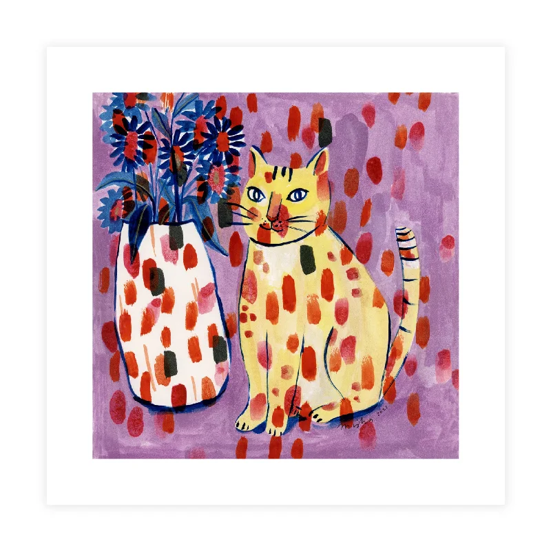 Everyday Comfort Mischievous Cat with Daisies / Art Print