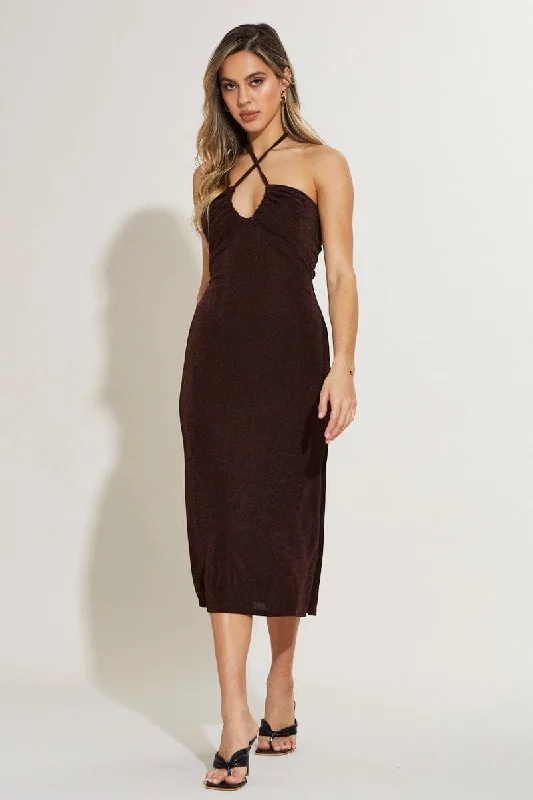 Simple Matching Brown Midi Dress Keyhole