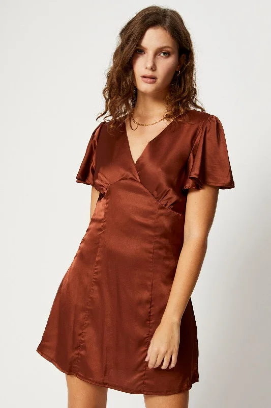 Autumn Selection Brown Mini Dress Short Sleeve