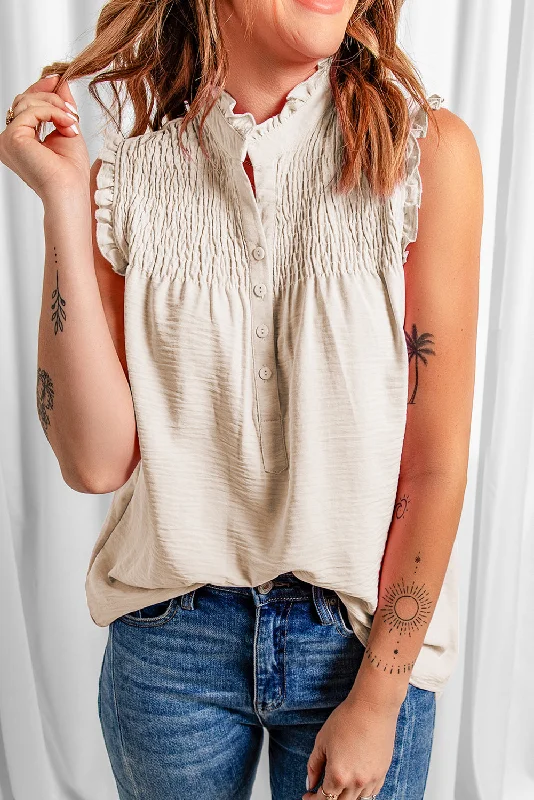 Sports Functional Style White Smocked Button Front V Neck Sleeveless Shirt