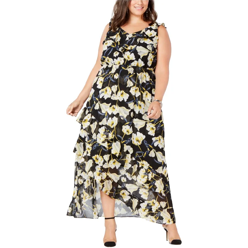 Playful Style I-N-C Womens Floral High-Low Ruffled Dress, Black, 20W