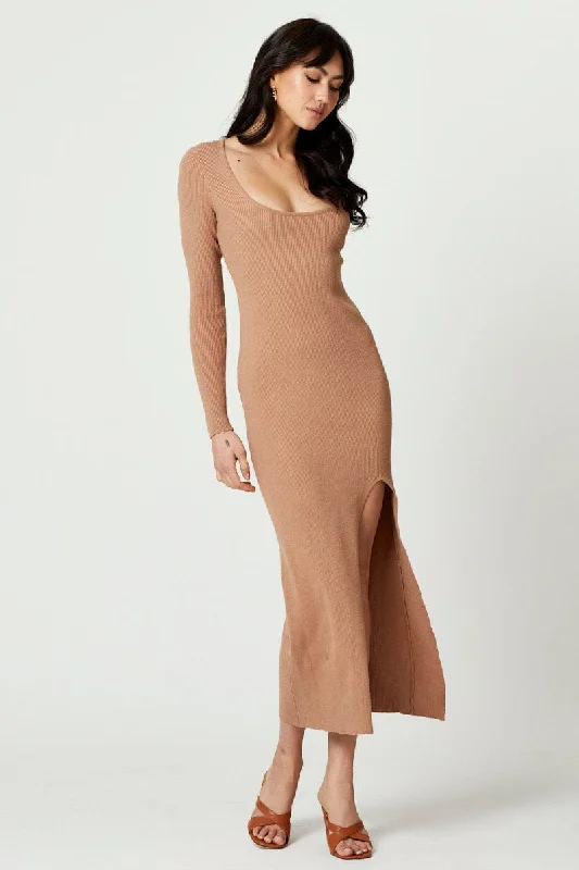 Slim Fit Beige High Split Knit Maxi Dress