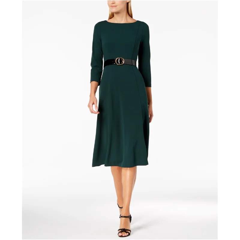 Comfortable Design Calvin Klein Womens Solid Belted Fit & Flare Midi Dress, Green, 2