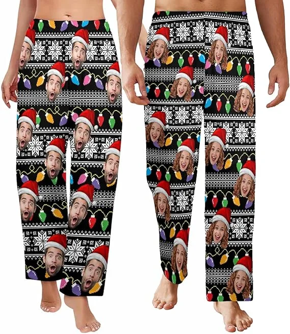 Avant-garde Design [New Design] Custom Face Pajama Pants for Women Men Personalized Sleep Bottoms  Christmas Light Printed Pj Casual Pajamas Loose Fit Lounge Pants