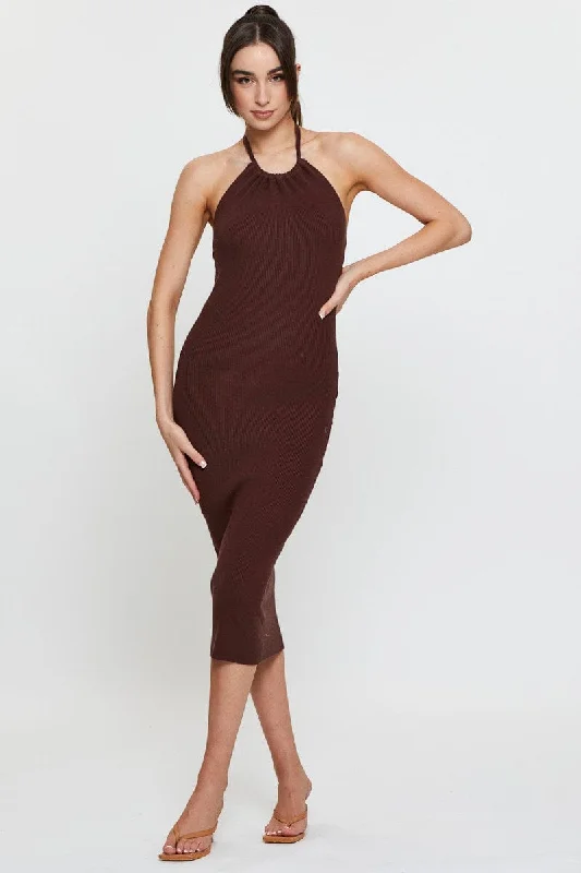 Classic Series Brown Knit Dress Midi Halter Neck