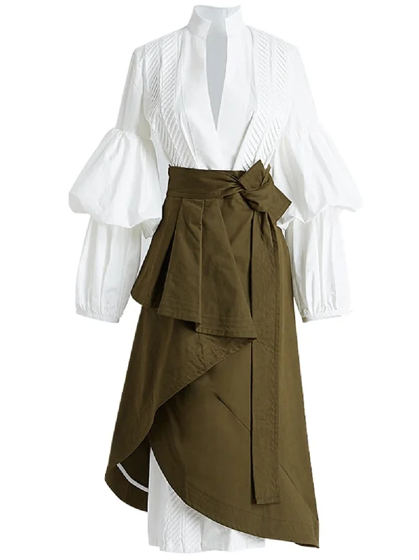 Soft Textures Puff-Sleeved Dress & High-Waist Lace-Up Ruched Irregular Skirt