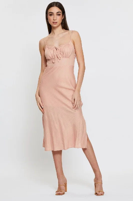 Cozy Outerwear Pink Midi Dress Sleeveless Linen