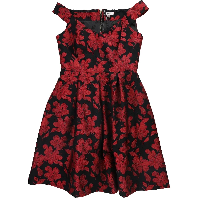 End Of The Year Calvin Klein Womens Brocade Floral Fit & Flare Dress, Red, 12