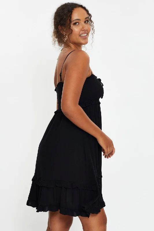 Relaxed Style Black Sleeveless Shirred Ruffle Summer Dress