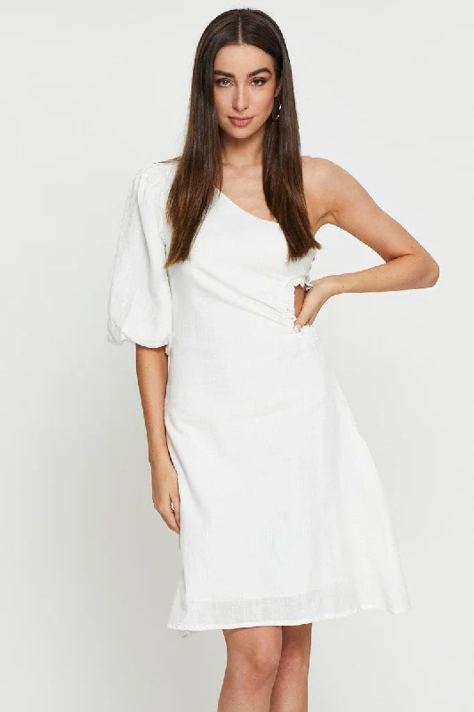 Floral Prints White Midi Dress One Shoulder