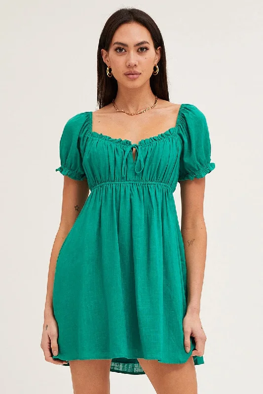 Printed pattern Green Gathered Bust Puff Sleeve Skater Dress