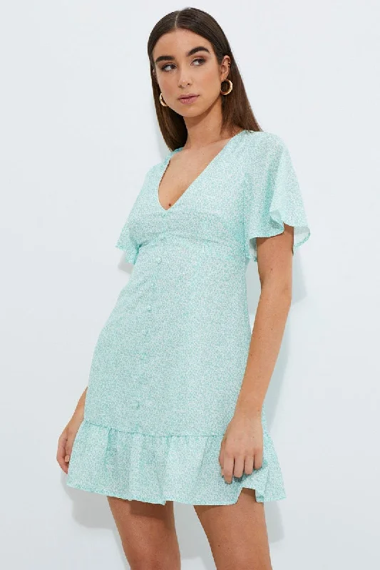 Trendy Looks Print Print Bell Sleeve Frill Hem Dress