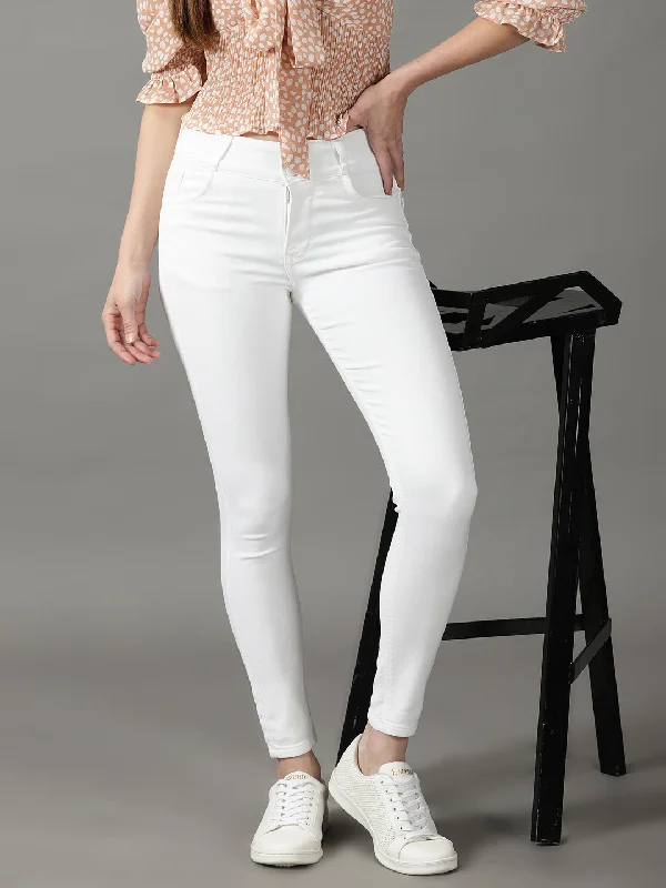 Goddess Outfit Women's White Solid Skinny Fit Denim Jeans