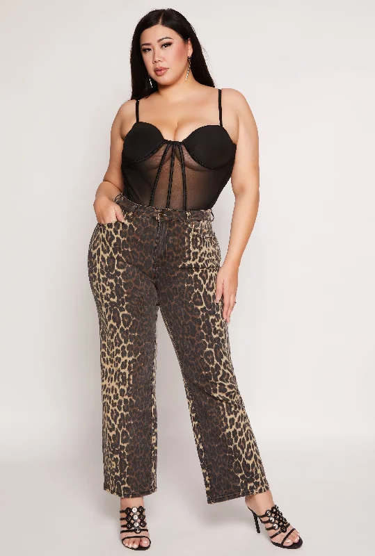 Comfortable And Simple Plus Size Leopard Print Two Tone Jeans