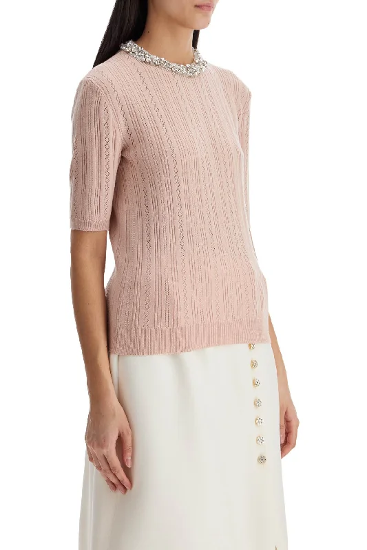 Retro Skirt Design Valentino Garavani Beige Vertical Striped Slim Fit Short Sleeve Sweater
