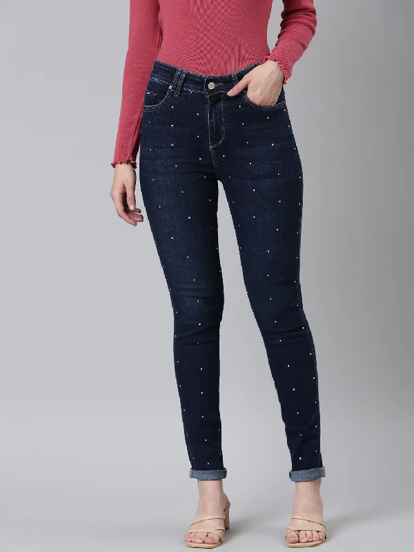 French Style Women Navy Blue Solid Skinny Fit Denim Jeans
