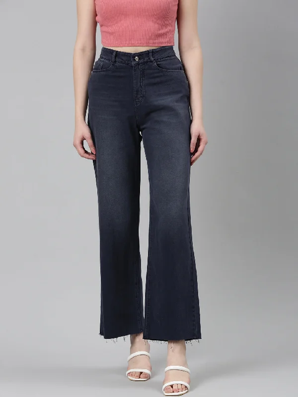 Design And Tailoring Women Navy Blue Solid Wide Leg Denim Jeans
