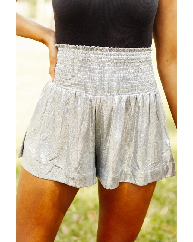 Personalized print Azura Exchange Smocked High Waist Shorts with Metallic Sheen - M Personalized print Azura Exchange Smocked High Waist Shorts with Metallic Sheen - M