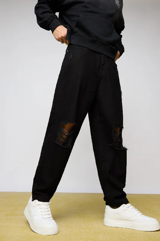 Retro Design Urban Black Distressed Men's Baggy Fit Jeans