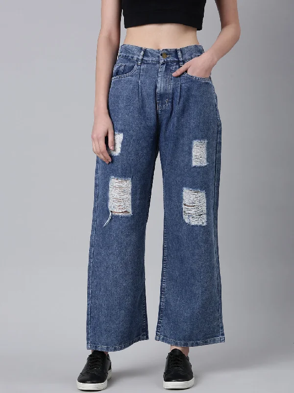 Comfortable Dresses Women Blue Solid Wide Leg Denim Jeans