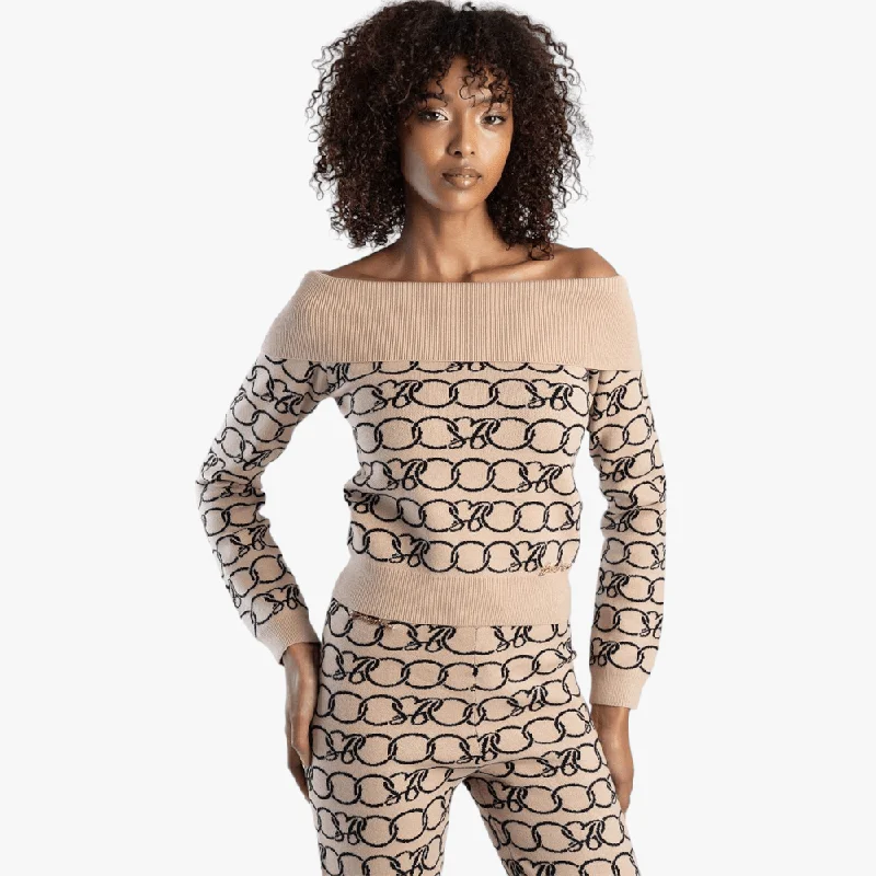 Outdoor Trend Sissy Boy Bardot Luggage Logo Knit Top Stone