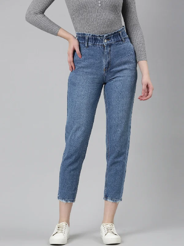 High-waisted pants style Women Blue Solid Regular Fit Denim Jeans