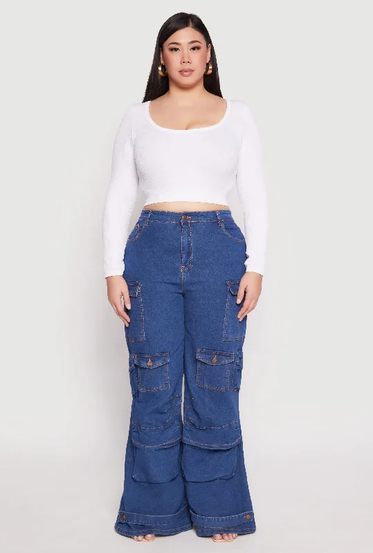 High-quality fabrics Plus Size Daisy Cargo Pocket Flare Jeans