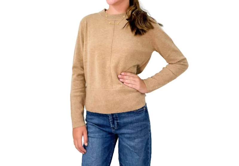 Breathable Design Exposed Seam Crew Neck Sweater Top In Camel