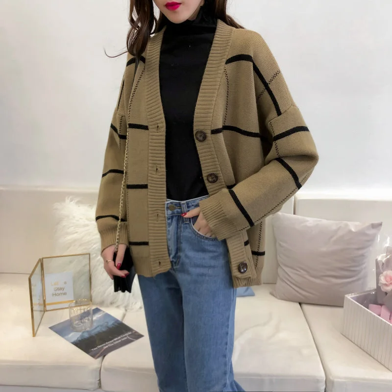 Carefree Harajuku sweater cardigan Plaid loose and versatile  4913