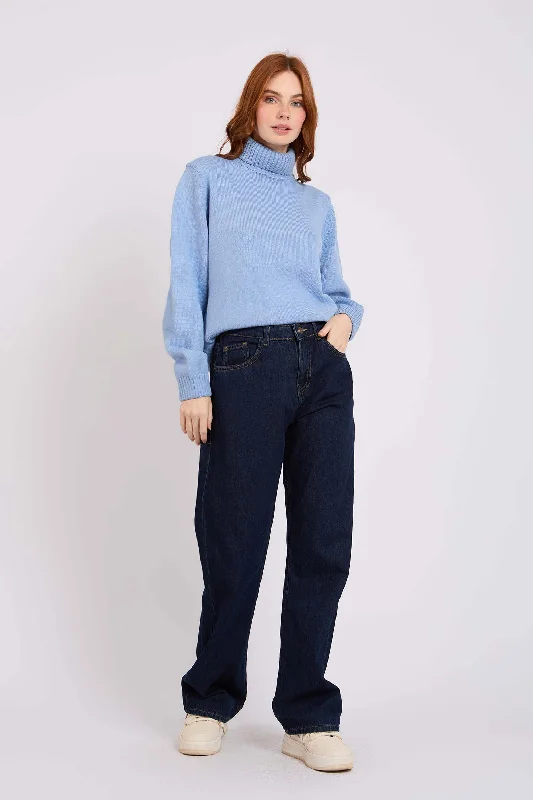 Retro Fashion Women Straight Fit High Waist Denim Pant Dark Wash