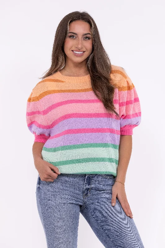 Soft Comfort All Different Friends Women's Striped Puff Short Sleeve Sweater