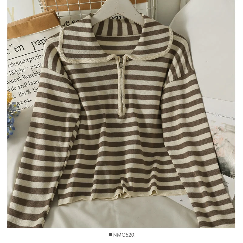 Elegant Design Autumn winter zipper doll neck stripe slim knit  2080