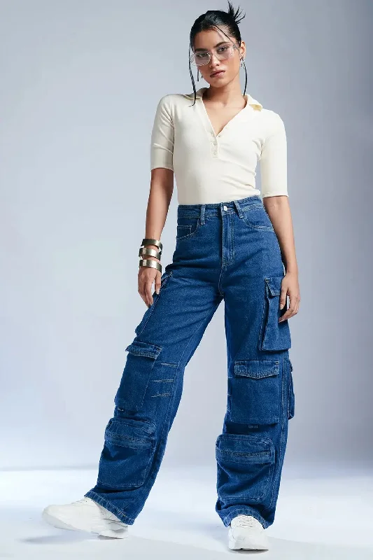 Dressing Tips Luxe Indigo Denim Utility Cargo Jeans