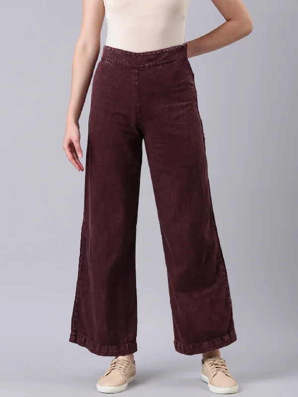 Breezy Style Women Burgundy Solid Wide Leg Denim Jeans