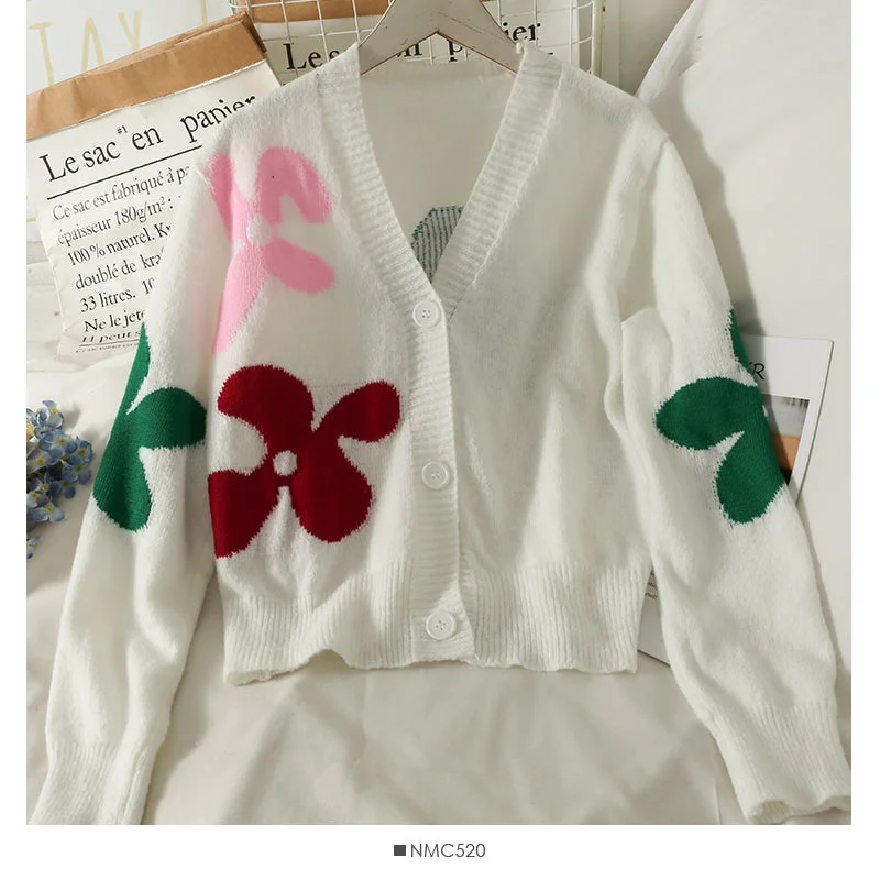 Fashionable And Versatile Slim low neck single breasted printed sweater women's new long sleeve versatile cardigan sweater 2082 Fashionable And Versatile Slim low neck single breasted printed sweater women's new long sleeve versatile cardigan sweater 2082