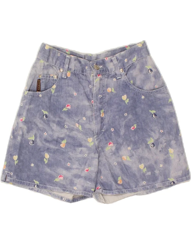 Easy Style VINTAGE Womens High Waist Casual Shorts W28 Medium Blue Floral Cotton