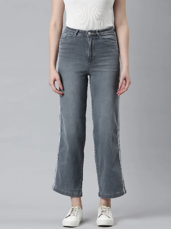 Retro Style Women Grey Solid Wide Leg Denim Jeans