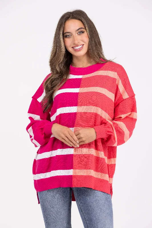 Printed Patterns Striped Passion Women's Two-Tone Round Neckline Hi Lo Sweater