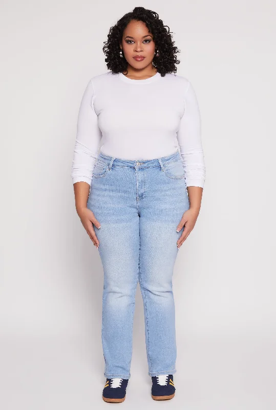 Sports Casual Style Plus Size WAX Frayed Detail Straight Leg Jeans
