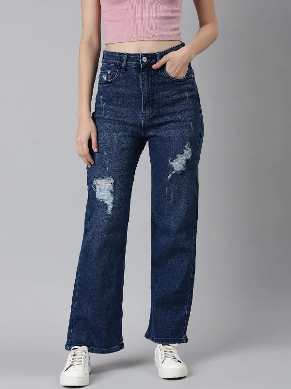 High-quality Styles Women Blue Solid Straight Fit Denim Jeans