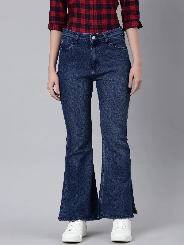 Relaxed Style Women Navy Blue Solid Bootcut Denim Jeans
