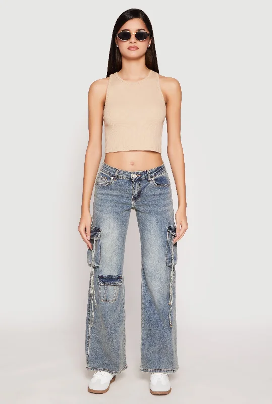 College Style VIP Acid Wash Cargo Pocket Low Rise Jeans