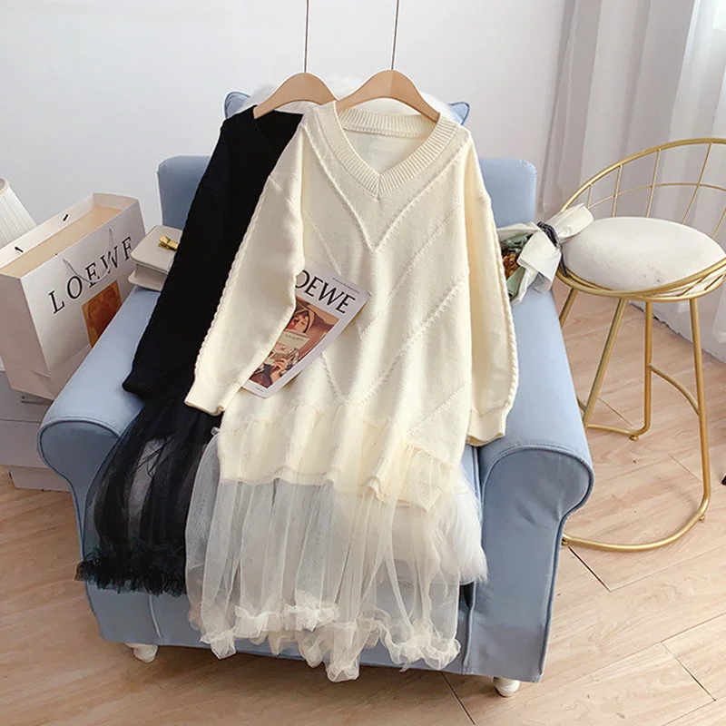Fresh Wear Mesh stitched loose long wool dress  4941