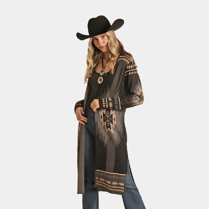 Sports Fitness Wear Rock and Roll Denim Aztec Print Duster Sweater