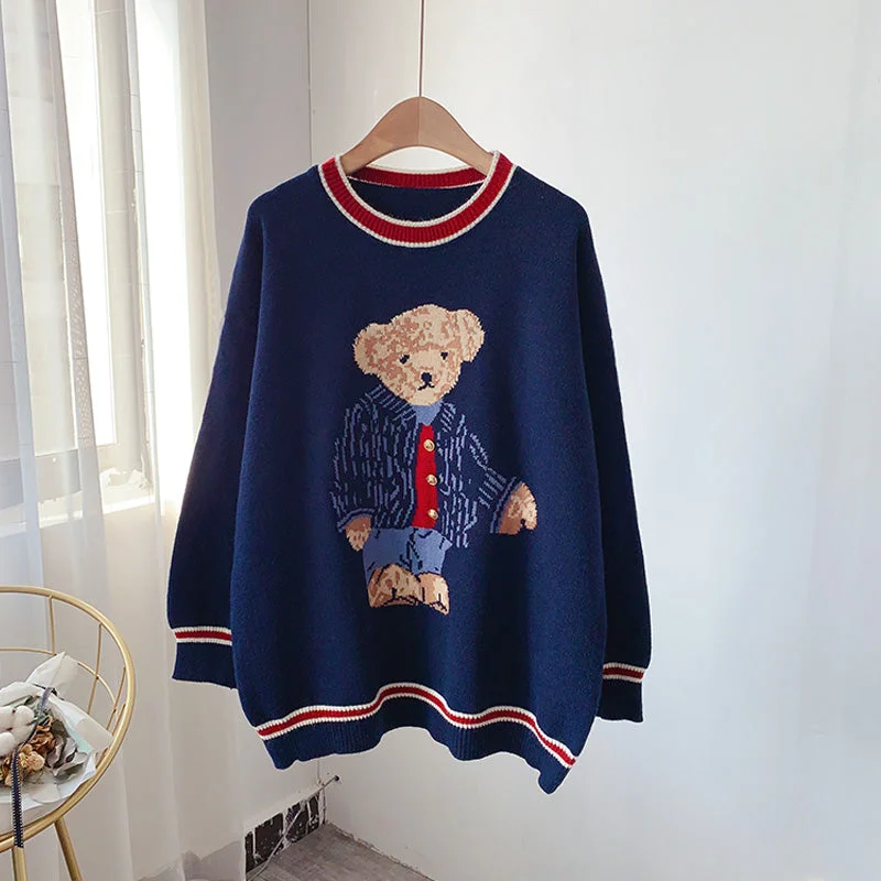Cozy Vibes College style cute cartoon bear sweater round neck Pullover  4935