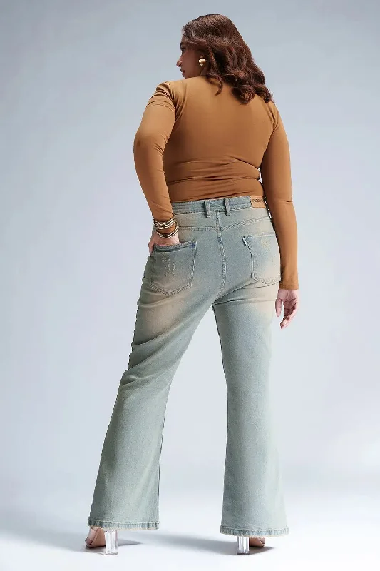 Tropical Style Retro Lupine Blue Curve Bootcut Jeans